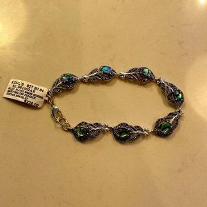 Silver plated brass genuine marcasite / abal one peacock feather bracelet.